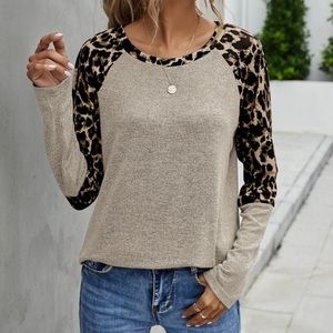 Khaki leopard print top with raglan sleeve